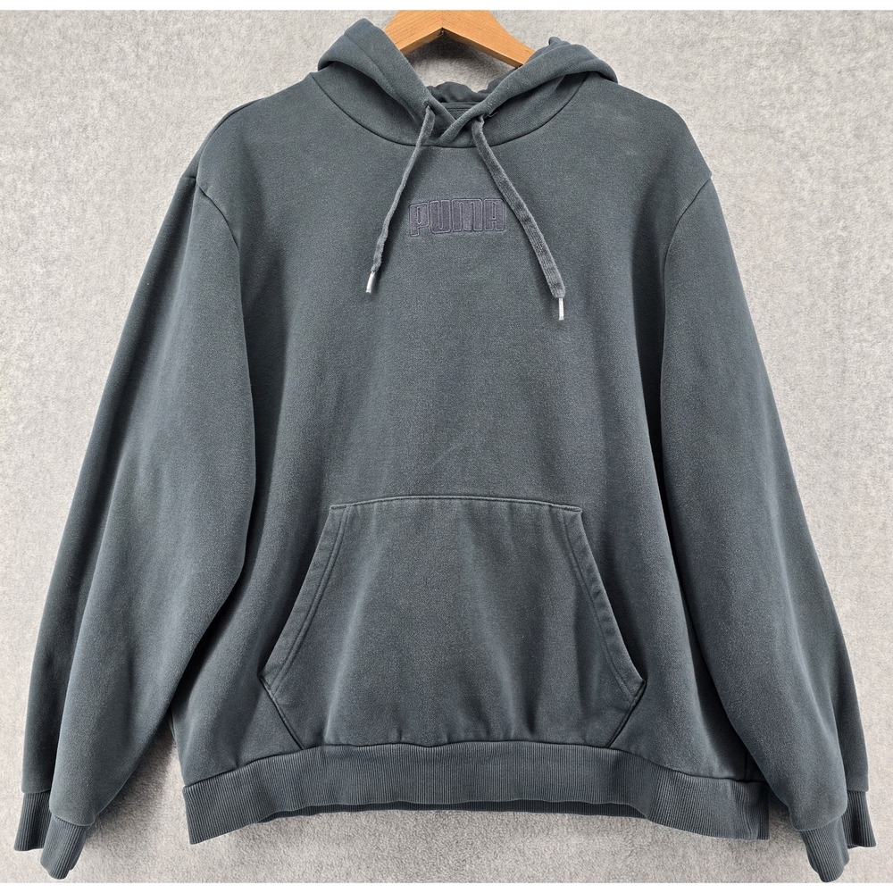PUMA Pullover Hoodie Mens XL Gray Raised‎ Script Logo Y2K Minimalist Basic Baggy